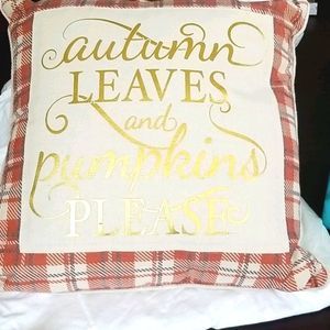 THANKSGIVING Holiday Pillow 18" x 18" Autumn Leaves and Pumpkins Please.